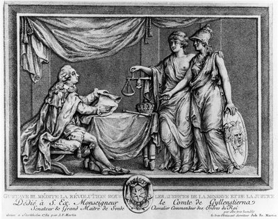 Gustave III contemplating the Revolution under the auspices of Minerva and Justice, 1784 by Johan Fredrik Martin